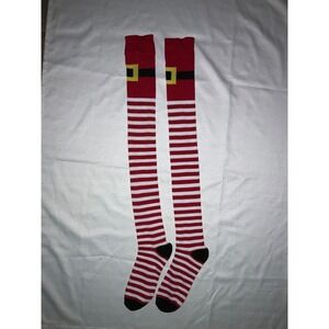 Santa Elf Thigh High Socks Christmas Holiday Costume Striped Red‎ White